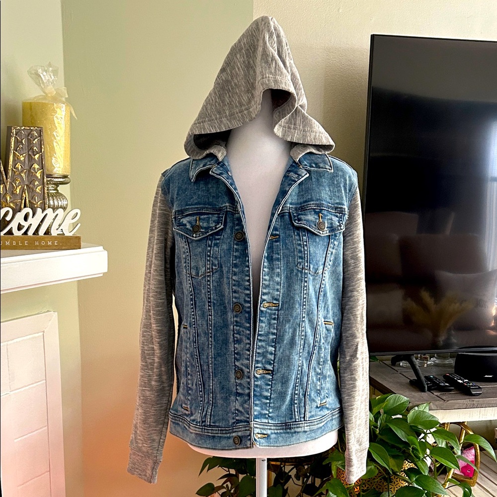 Abercrombie & Fitch Kids Trucker Denim Jacket W/ Hoodie Terry Sleeves